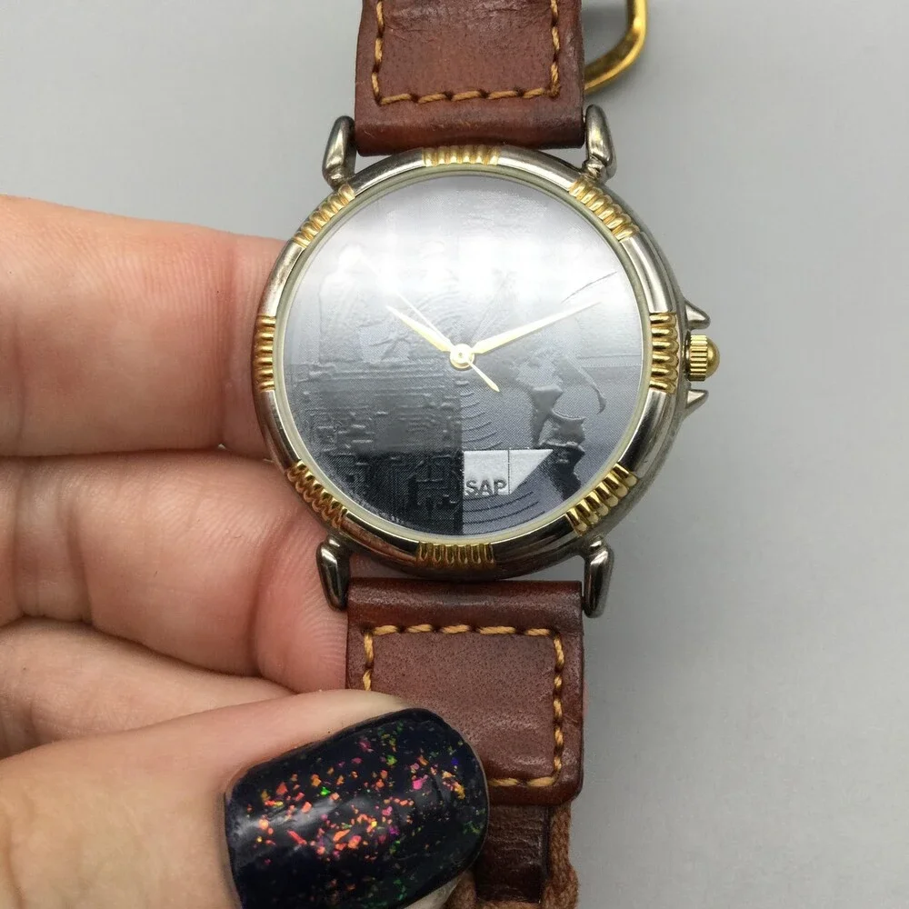 SAP Mens Watch 33mm Black SAP Logo Dial Brown Leather Strap Two Tone New Battery